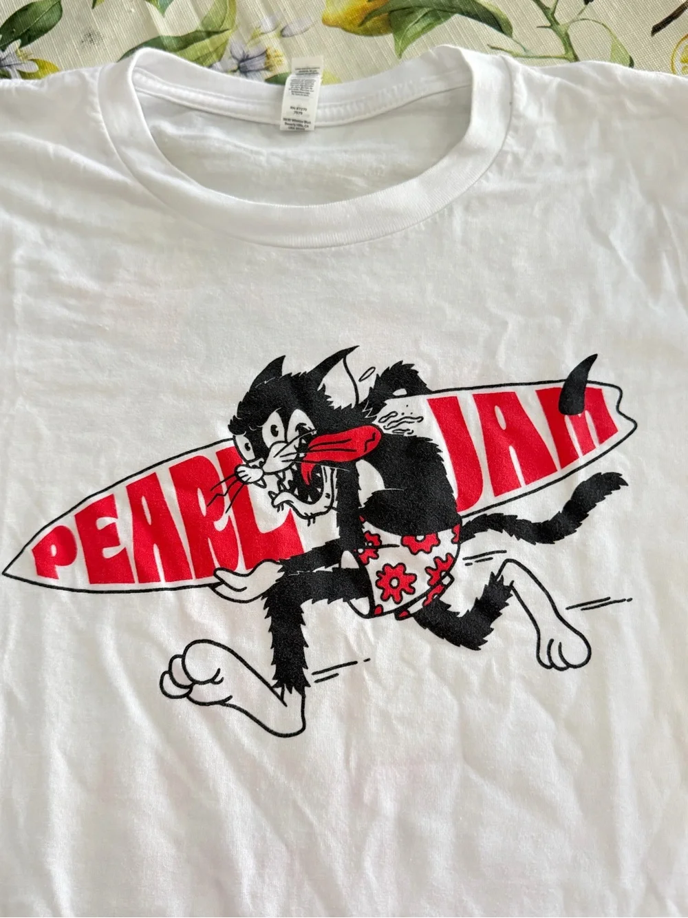 Pearl Jam White Tee with Red & Black Surfing Cat Graphic